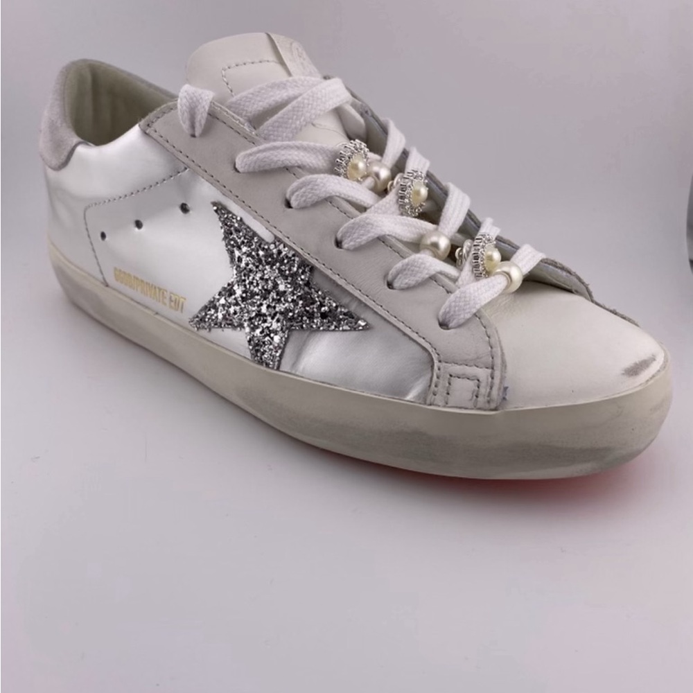 Golden Goose White and Glitter Silver Sneakers
